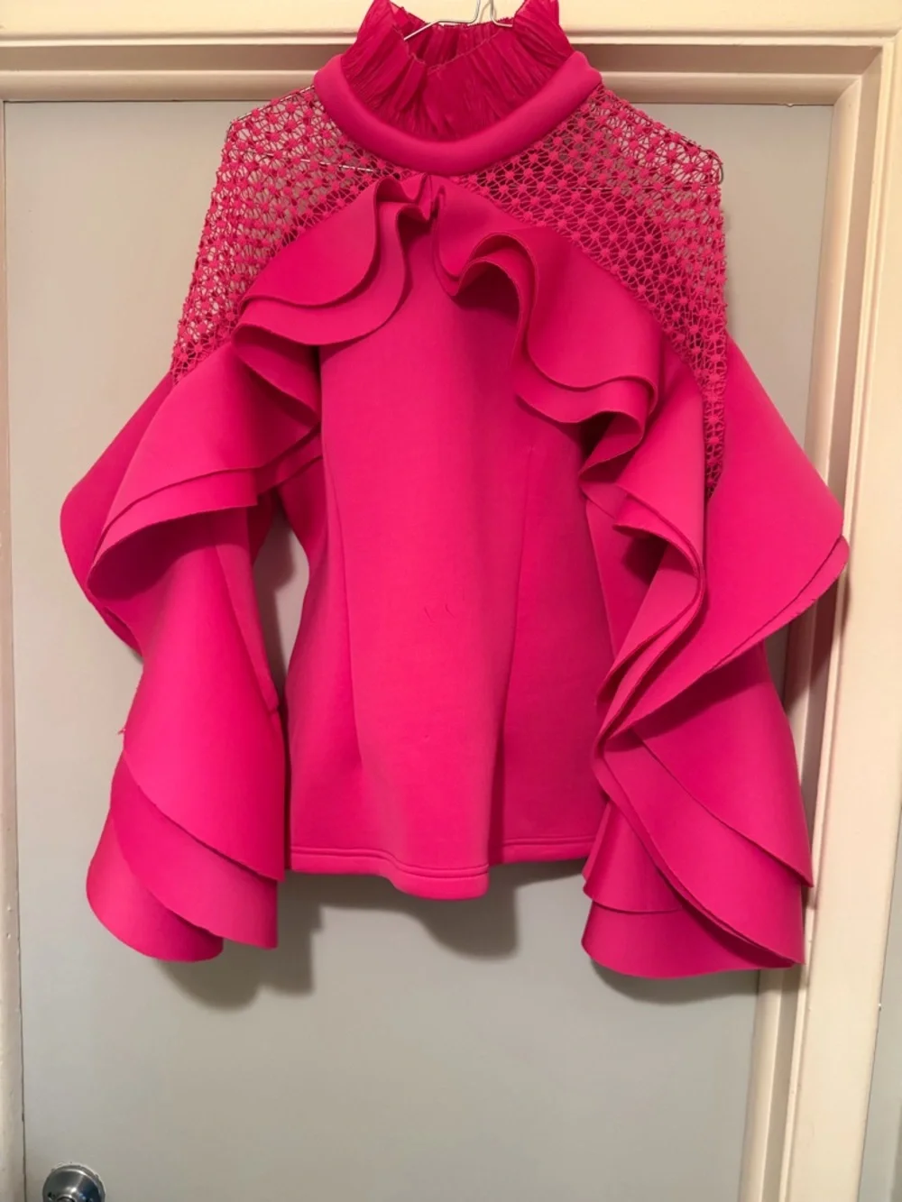Bold Fuchsia Ruffle-Sleeve Women's Top - Picture 4 of 5